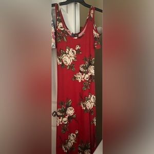 Long red floral dress; stretchy soft material; cut outs on shoulder